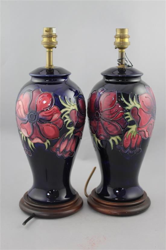 A pair of Moorcroft Anemone pattern lamp bases, late 20th century, 36.5cm. incl. metal fittings